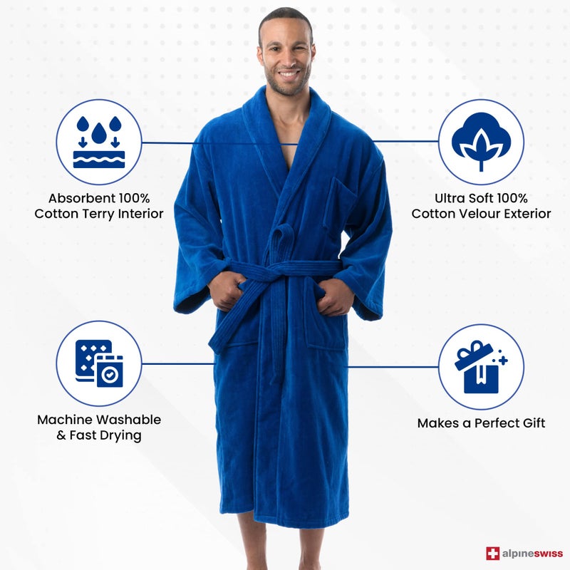 Alpine Swiss Pure Cotton Mens Terry Cloth Bathrobe Super Absorbent Spa Robe BLU XLXXL - Image 3